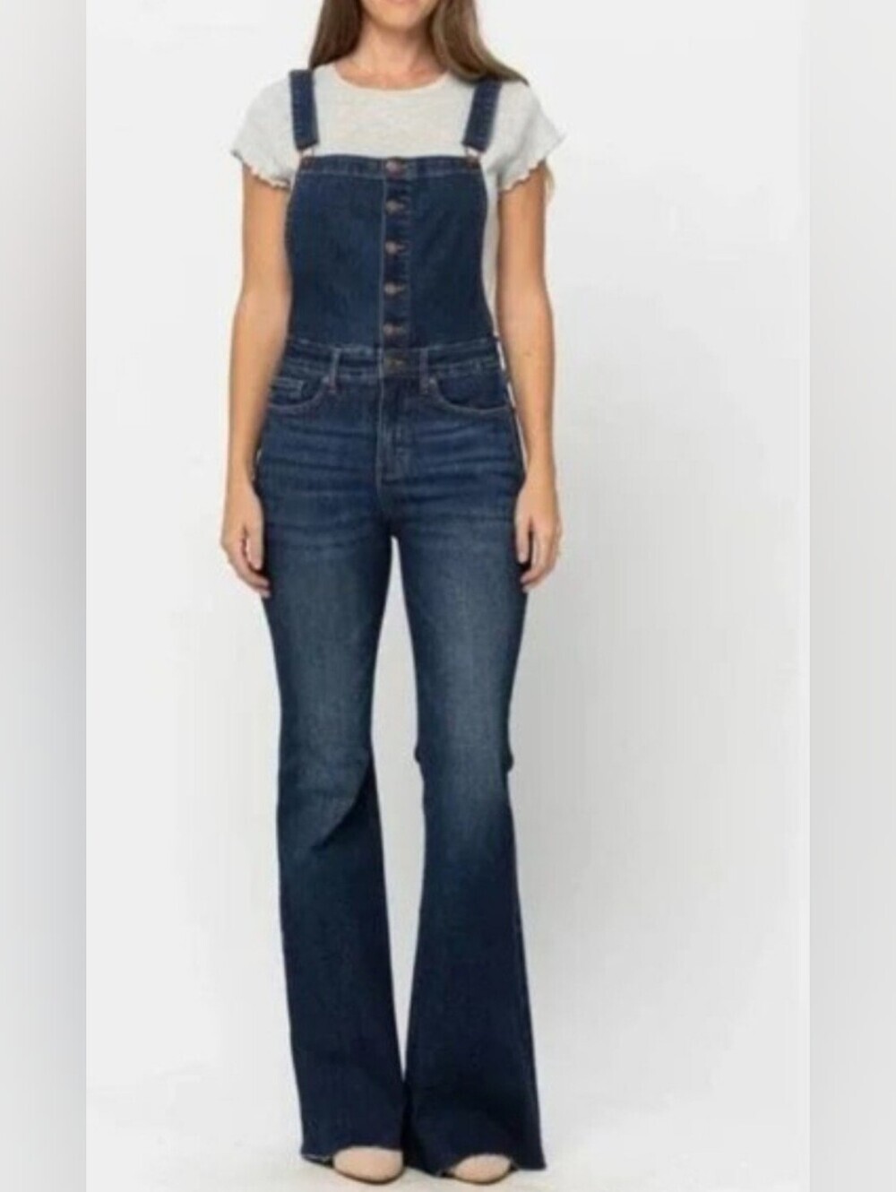 Judy Blue Tummy Control Retro Flare Dark Blue Button-Front Denim Overalls 3XL